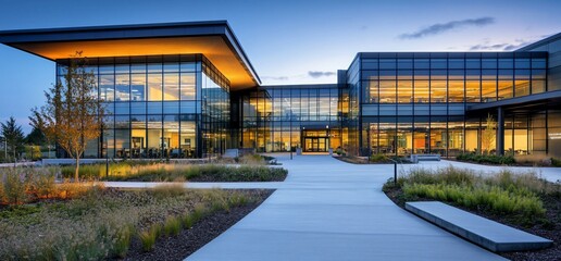 Poster - Modern glass office building with a walkway leading to the entrance. The building has a large glass facade and is illuminated by the setting sun.