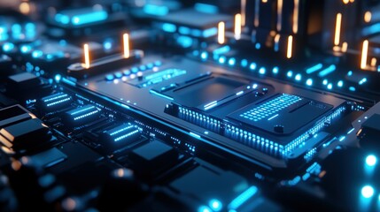Poster - Close-up of a Blue Illuminated Circuit Board with a Central Processor
