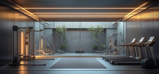 Aufkleber - Modern gym with treadmills, weight machines and large windows overlooking a patio.