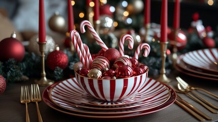 Wall Mural - Festive holiday dining table with candy canes and christmas decorations