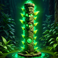 A tall wooden totem with carved faces and intricate designs stands in a lush jungle setting. It glows with an ethereal green light, surrounded by vibrant foliage. The totem rests on a circular platfor