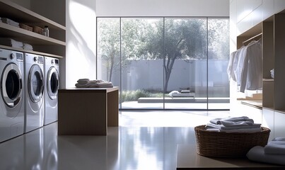 Poster - Modern laundry room with washer and dryer, white towels, and a large window overlooking a backyard.