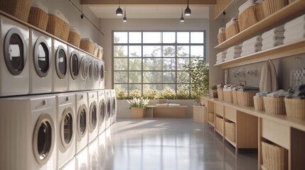 Poster - Modern laundry room with washing machines, wooden shelves, and a large window with a view of trees outside.