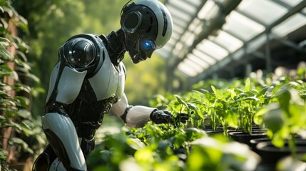 Poster - A robot is tending to a garden of plants