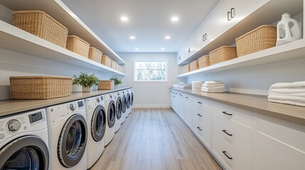 Poster - Modern laundry room with white cabinets, wood floor, washing machines, baskets, and a window.