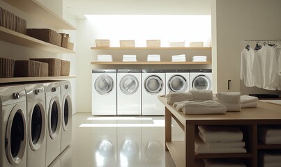 Poster - Modern laundry room with white washing machines, wooden shelves, and white towels.