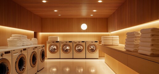 Poster - Modern laundry room with white washing machines, wooden walls, and stacks of white towels.