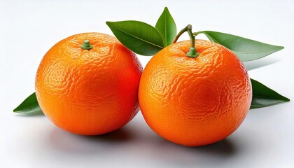 Close-up of two fresh oranges with green leaves, showcasing natural texture and vibrant 