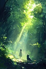 Wall Mural - A serene forest scene with a girl and a dog, illuminated by soft sunlight.