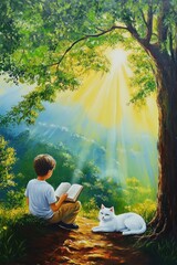 Wall Mural - A serene scene of a child reading under a tree with a cat nearby, illuminated by sunlight.