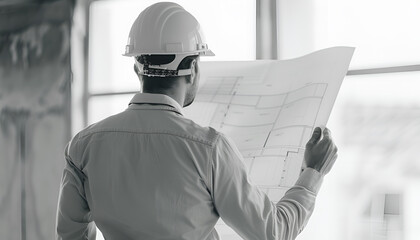 Architect in hard hat with draft greeting someone on white background