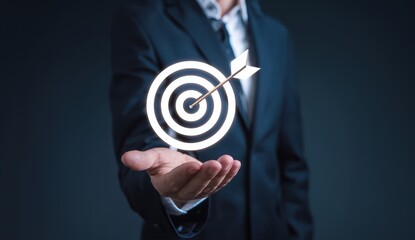 Poster - Businessman Presenting Virtual Target Board for Strategic Success and Goal Setting in Business Investment and Planning