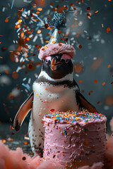 Festive Penguin Celebrating with Colorful Cake and Party Hat Surrounded by Confetti for a Joyful Birthday Celebration