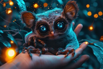 A small animal with big, bright eyes looks at the camera. AI.