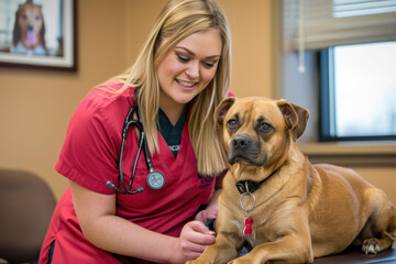 A veterinarian examines a dog. AI.