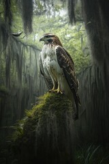 Wall Mural - A majestic hawk perched on a mossy rock in a lush, green forest setting.