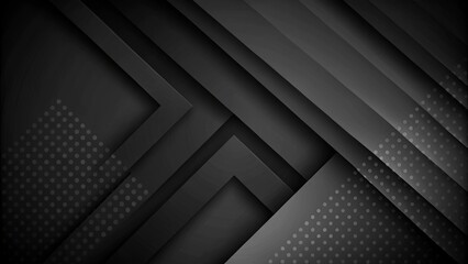 Poster - 3D black geometric abstract background overlaps layer on dark space with cutout effect decoration. Minimalist graphic design element arrow style concept for banner. Abstract modern background.
