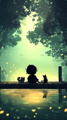 Wall Mural - A serene scene of a child and two animals sitting by a tranquil lake, surrounded by nature.