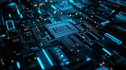 Poster - Abstract Futuristic Circuit Board with Glowing Blue Lines and Orange Highlights
