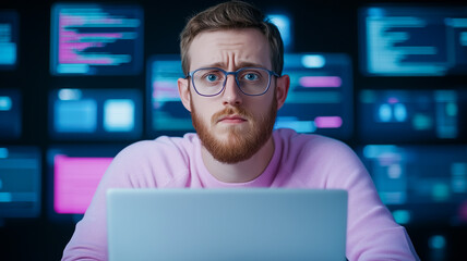 Focused young man with glasses looking at a laptop screen, surrounded by digital data on multiple computer screens in a dark room.