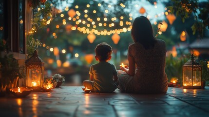 A serene evening scene featuring a mother and child sitting together, surrounded by glowing lanterns and soft lights, creating a warm and cozy atmosphere.