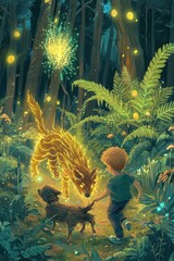 Wall Mural - A boy interacts with a glowing, magical fox in a vibrant forest filled with fireflies.