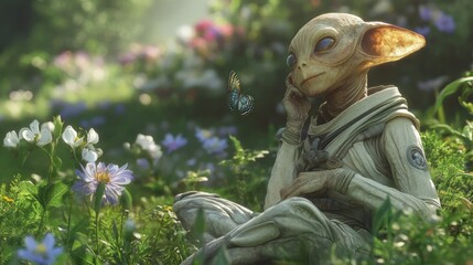 Wall Mural - A whimsical creature sitting in a vibrant flower field, observing a butterfly.