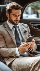 Aufkleber - A man in a suit is sitting in a car and looking at his phone