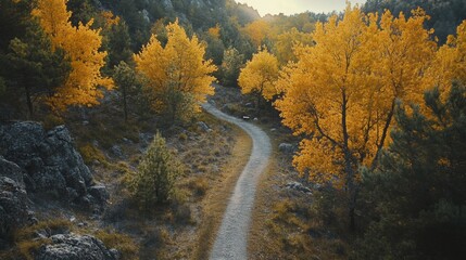 Poster - A path through a forest with trees that are orange and yellow