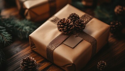 Beautifully wrapped gift box adorned with pinecones, surrounded by festive greenery. Ideal for holiday celebrations and gift-giving moments.