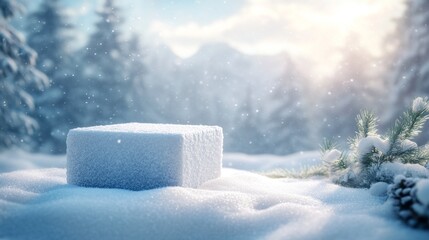 A snow covered box is sitting on the ground in a snowy forest