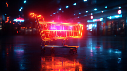 Poster - Abandoned empty shopping cart left alone in a neon-lit,blurred urban street at night. The cart stands as a symbol of consumerism,e-commerce,and the fast-paced nature of modern retail and shopping.