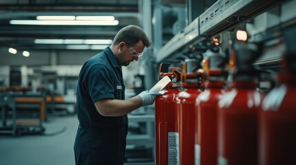 Poster - A Man in Blue Workwear Inspecting Red Fire Extinguishers in a Factory Setting