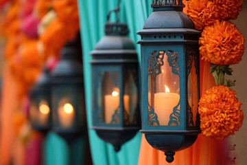 Sticker - Vibrant Indian Wedding Venue Adorned With Colorful Drapes, Intricate Floral Arrangements, And Traditional Lanterns, Creating A Festive Wedding Background