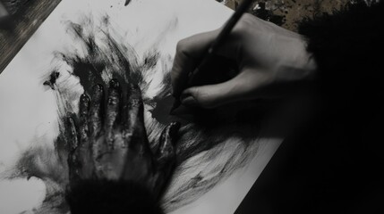 Poster - Hand Covered in Black Paint Drawing on White Paper