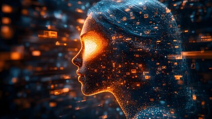 Fototapete - Captivating digital artwork depicting a futuristic,surreal portrait of a glowing,illuminated cyber face with vibrant neon particle effects,evoking a sense of technology,imagination.