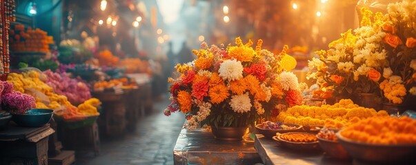 Vibrant flower market filled with colorful blooms and decorative arrangements, illuminated by warm evening lights, creating a lively and enchanting atmosphere.