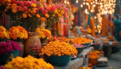 Vibrant flower market scene showcasing colorful marigolds and other blooms, with decorative lights in the background creating a festive atmosphere.