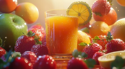 The picture of the multiple cup of juice is placing around on the table surrounded with nature and forest, the juice is liquid that is naturally extracted from fruits or vegetables for drink. AIG5