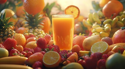 The picture of the multiple cup of juice is placing around on the table surrounded with nature and forest, the juice is liquid that is naturally extracted from fruits or vegetables for drink. AIG5