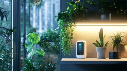 Poster - Futuristic loft with immersive lighting, a virtual assistant on a shelf, and an inviting outdoor garden space seen through full-length windows.