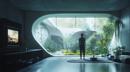Poster - Futuristic loft with immersive lighting, a virtual assistant on a shelf, and an inviting outdoor garden space seen through full-length windows.