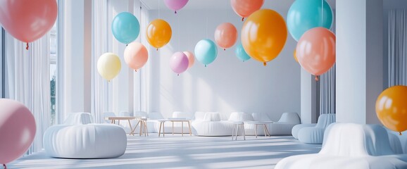 Poster - White room interior with colorful balloons and white furniture.