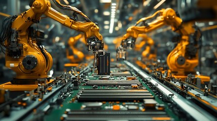 Aufkleber - Yellow robotic arms assembling circuit boards on a production line in a modern factory.