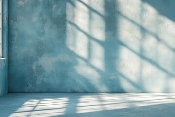 Poster - Gentle blue hues provide a soft background for product displays. Light and shadow dance across the textured wall surface