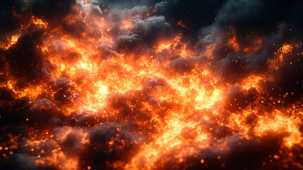 Poster - Dramatic and Powerful Explosion of Fiery Flames,Intense Inferno,and Scorching Blaze Erupting Against a Dark and Ominous Stormy Sky. Spectacular and Captivating Apocalyptic Scenery.