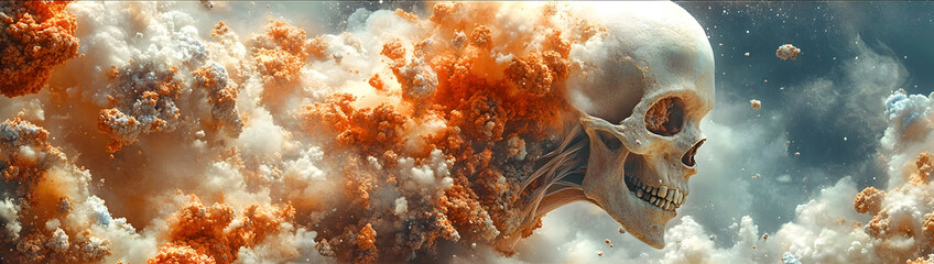Poster - Dramatic skull explosion in an apocalyptic disaster scene with fiery destruction,billowing smoke,flying debris,and a shockwave of chaos and devastation.