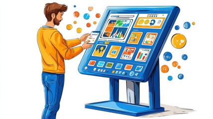 Poster - A man interacts with a large, colorful touchscreen display, exploring various app interfaces and data visualizations.