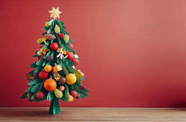 Wall Mural - Mockup of a colorful Christmas tree with ornaments and a star on a red background, festive holiday decoration, vibrant and cheerful, copy space, selective focus

