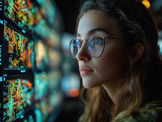 Poster - A thoughtful woman with glasses gazes at vibrant digital screens, immersed in data and technology.